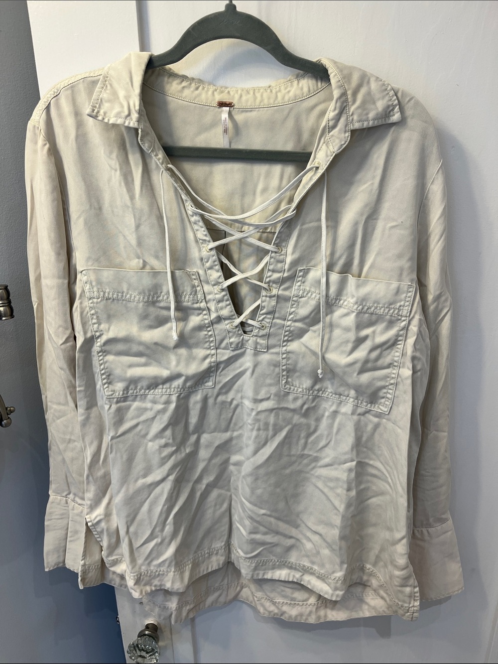 Free People Cream Lace-Up V-Neck Long Sleeve Blouse